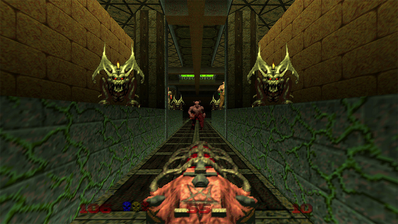 A player fights enemies in a narrow passageway in Doom 64, one of the top ten Doom games in the franchise.