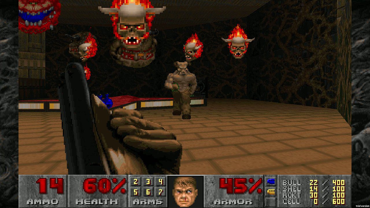 A player fights enemies using a shotgun in the original Doom.