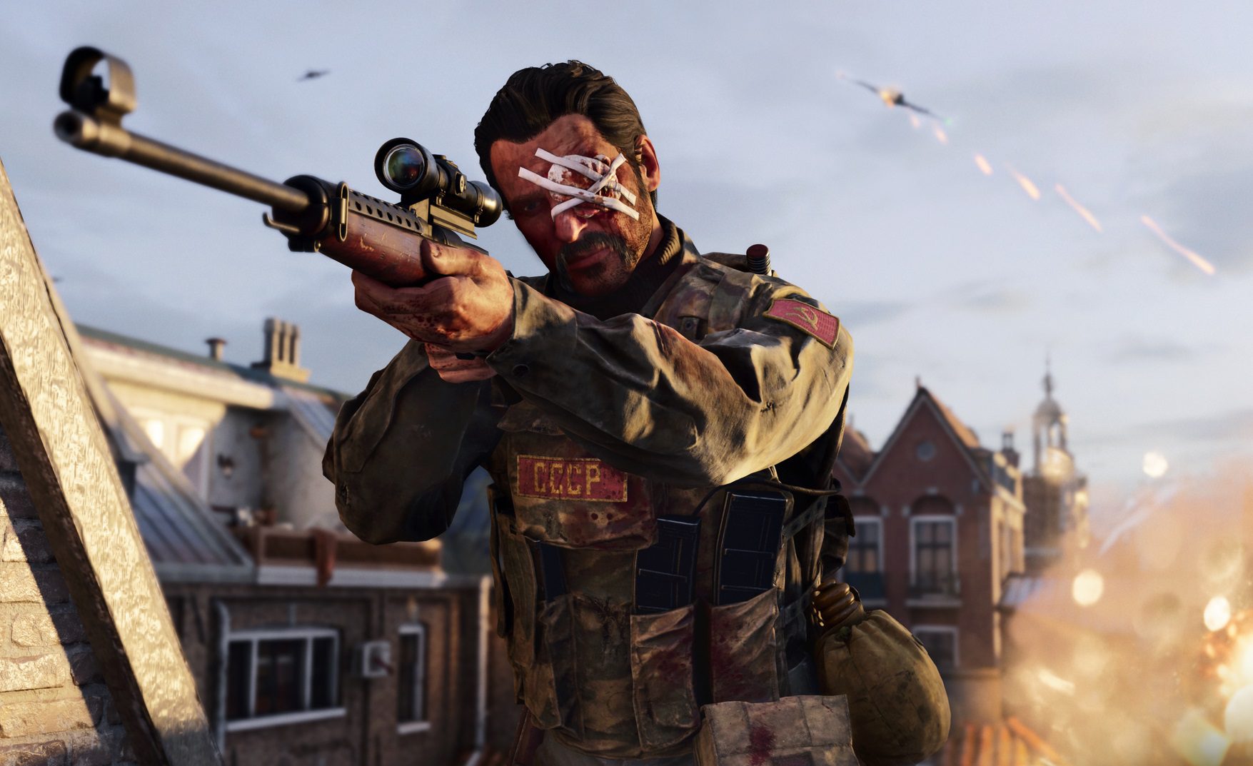 A Call of Duty player aiming down a sniper scope, wearing an eye patch on their eye.