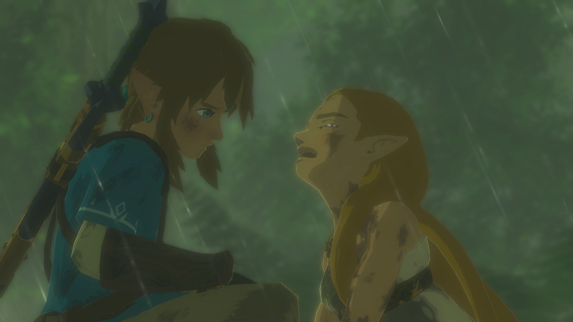 Zelda crying in the rain in Breath of the Wild