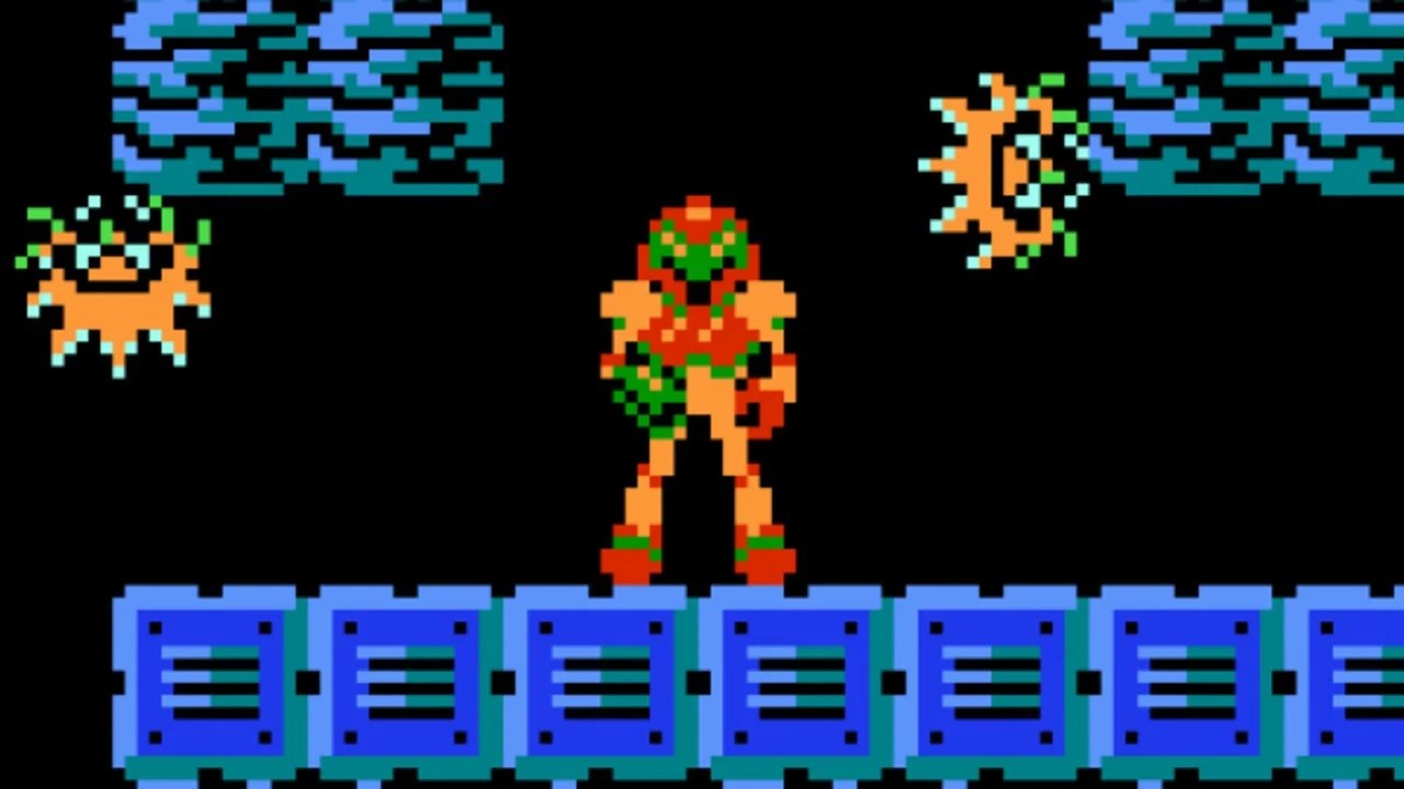 A screenshot featuring the main character of Metroid the original game. 