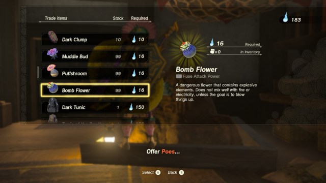 Bomb Flowers being sold by the Bargaining Statue in The Legend of Zelda: Tears of the Kingdom.