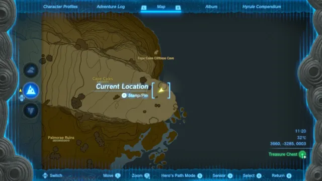 Map pinpointing Cape Cales Cliffside Shore in The Legend of Zelda: Tears of the Kingdom.