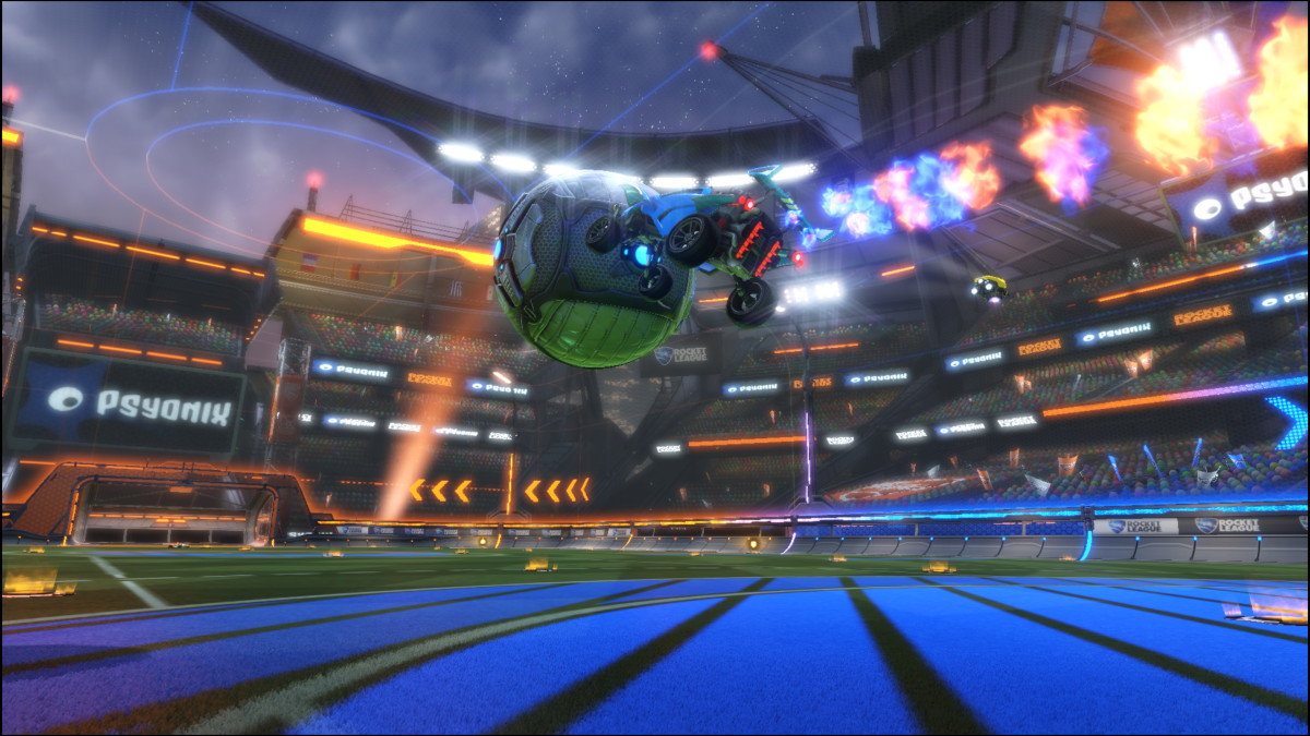 Car hitting ball in Rocket League.