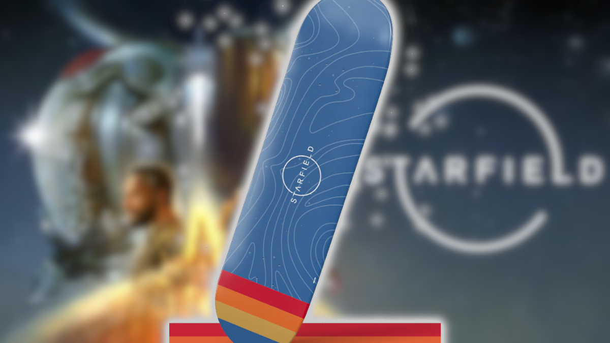 A Starfield-themed skateboard with the Starfield logo behind it.