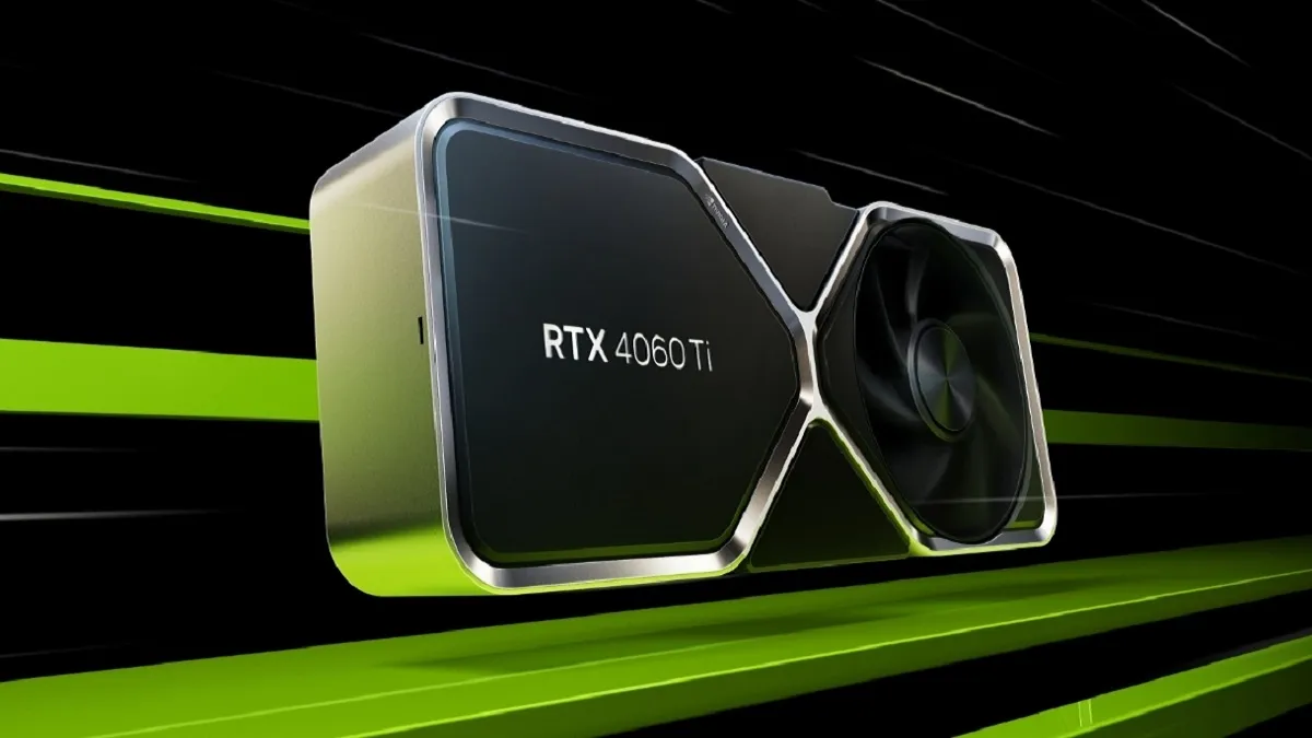 An Nvidia RTX 4060 Ti graphics card on a black and green background.