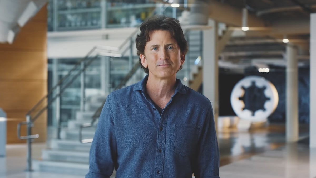 Todd Howard talking to the camera at the Bethesda studios.