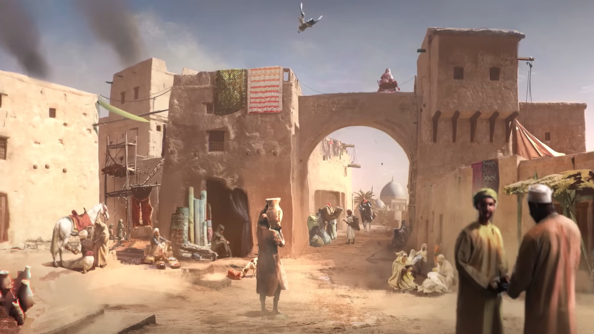 Artwork shows an Assassin's Creed Mirage Baghdad, with Harbiyah here as the focus.