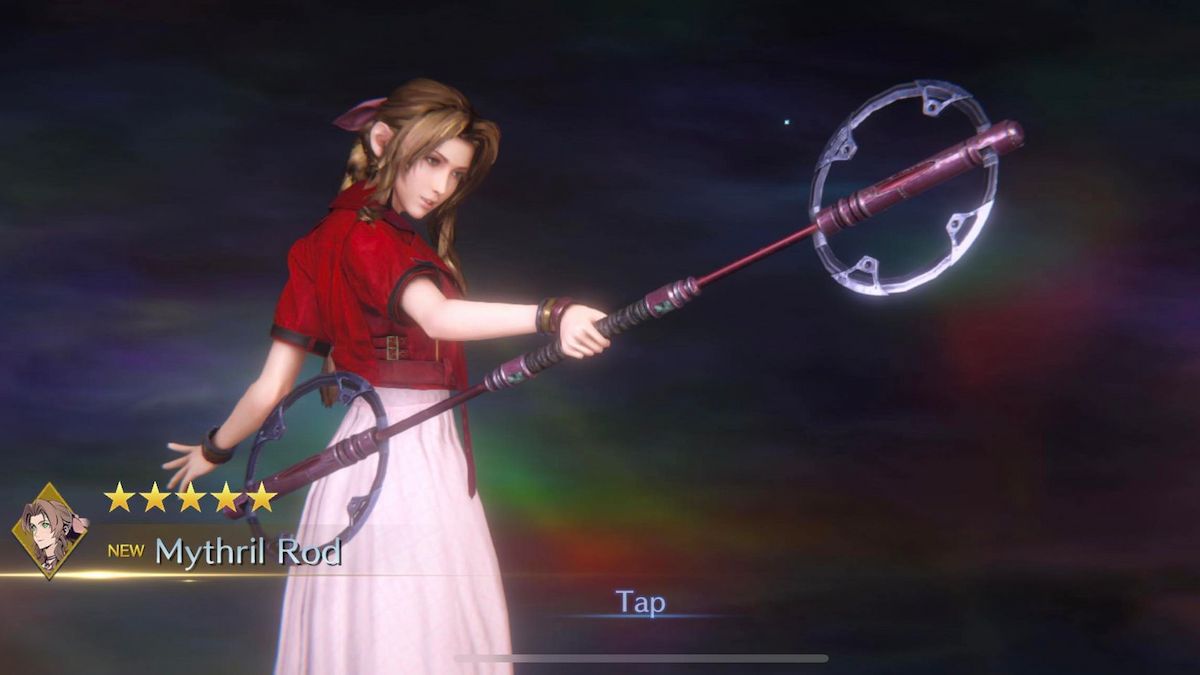 Aerith holding the Mythril Rod in Final Fantasy 7 Ever Crisis, how to play the game on PC