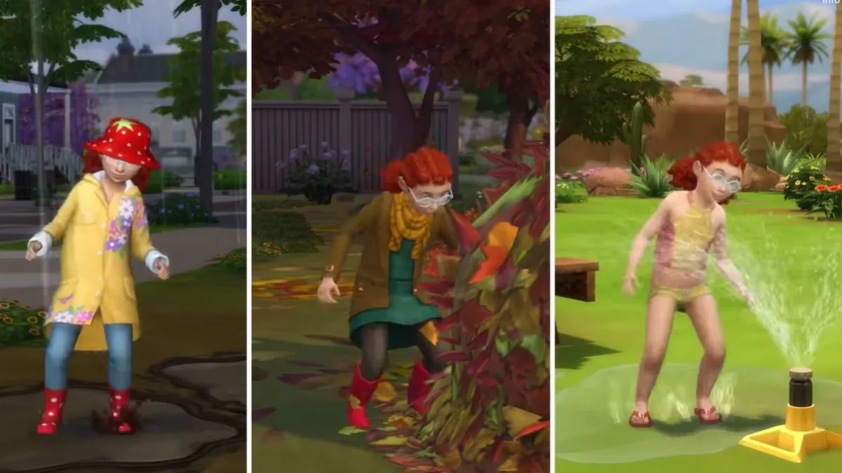 The Sims 4 artwork showing different weather cheat effects in the game.