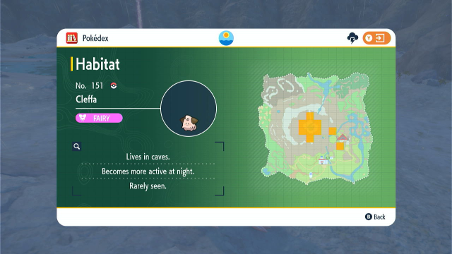 A screenshot of Cleffa's habitat in the Pokémon Scarlet and Violet Kitakami Pokédex.