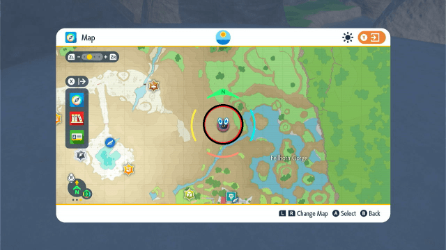 A screenshot of the Pokémon Scarlet and Violet Kitakami map showing the exact location of Fezandipiti circled.