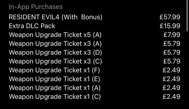 Screenshot showing how much Resident Evil 4 will cost on Apple products.