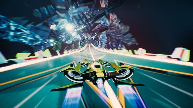 A screenshot from Redout 2, with the hovercar pushing forward at several thousand kilometers per hour.