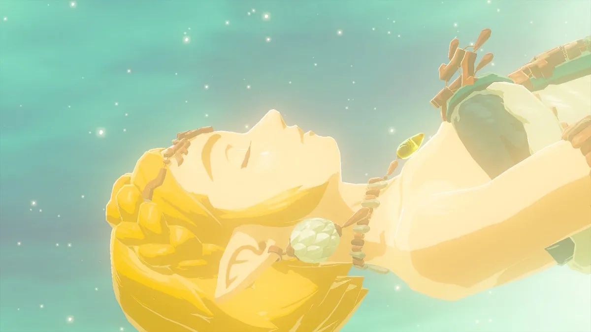 Zelda with her eyes closed in The Legend of Zelda: Tears of the Kingdom.