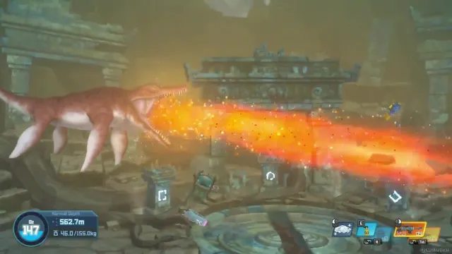 Dave the Diver Kronosaurus boss as it shoots a fire ray at the player