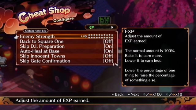 Altering the Enemy Strength via Cheat Shop in Disgaea 7.