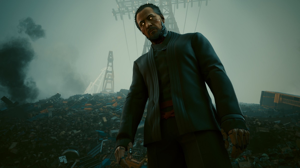 Cyberpunk 2077: Goro Takemura looking down at the player in a junkyward.