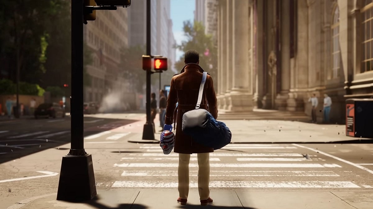 Payday 3: a bank robber waiting to cross the street while holding a rubber mask in his left hand.