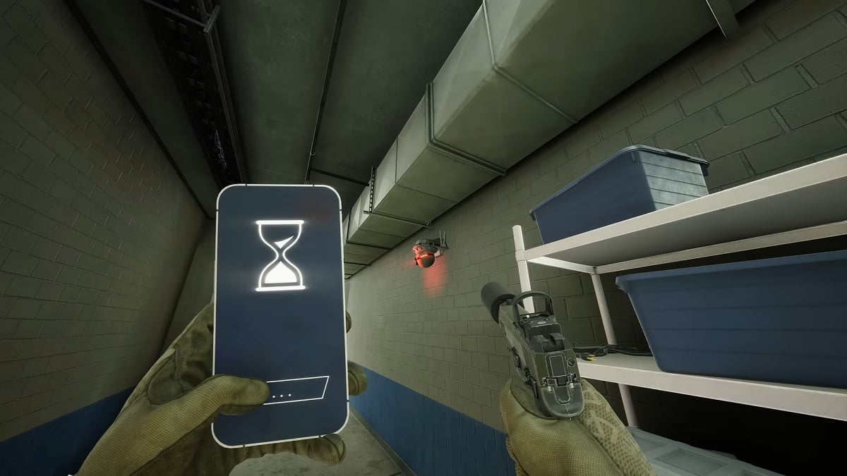 Payday 3: the player aiming a gun at a camera while they hold a phone up.