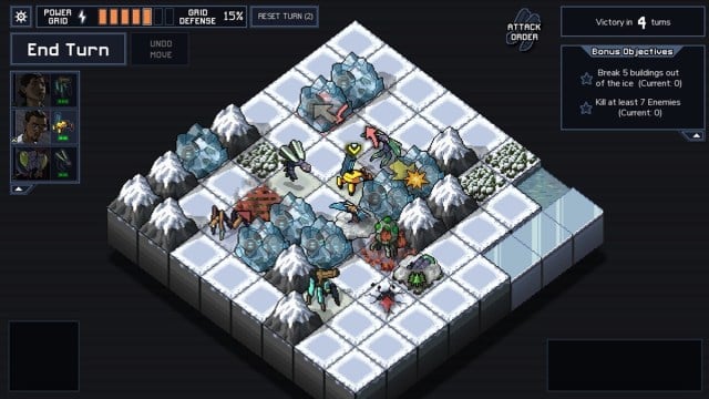 A screenshot of one of the combat puzzles from Into The Breach.