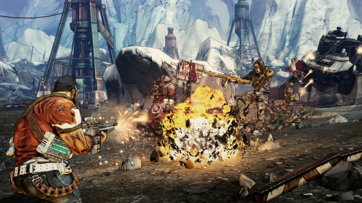 A promotional Borderlands 2 image showing the Gunslinger as he kills a squad of Bandits.