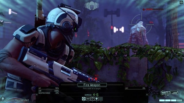 Aiming screen from XCOM 2, with the XCOM soldier taking aim at an amorphous alien.