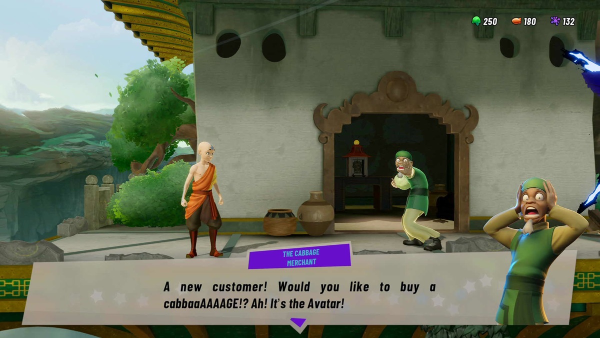 Cabbage Merchant in Nickelodeon All-Star Brawl 2 reacts to Aang's presence