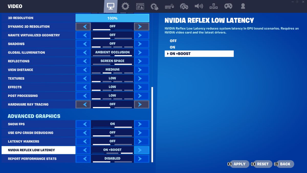 Fortnite video settings