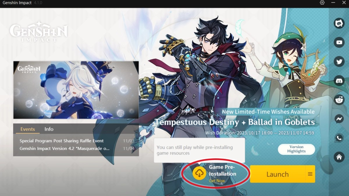 The Genshin Impact launcher, displaying if the servers are down for maintenance and when you can pre-install the new patch