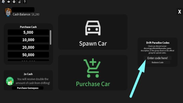 How to redeem codes in Drift Paradise