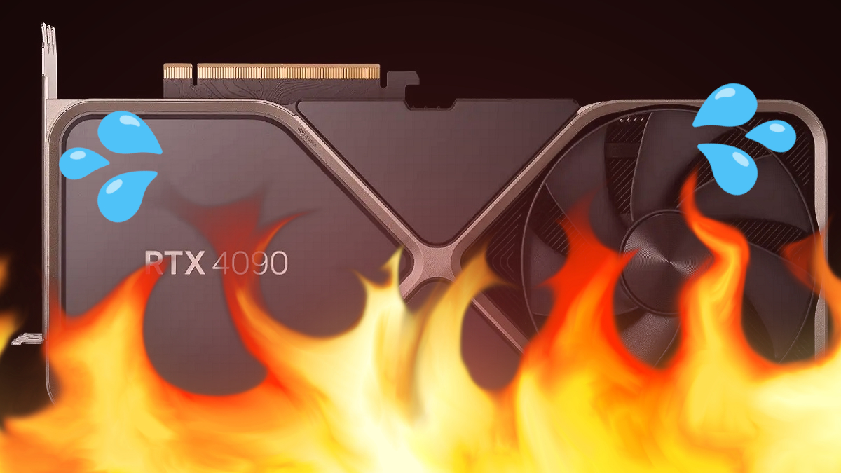 An Nvidia RTX 4090 with cartoon flames in front of it.