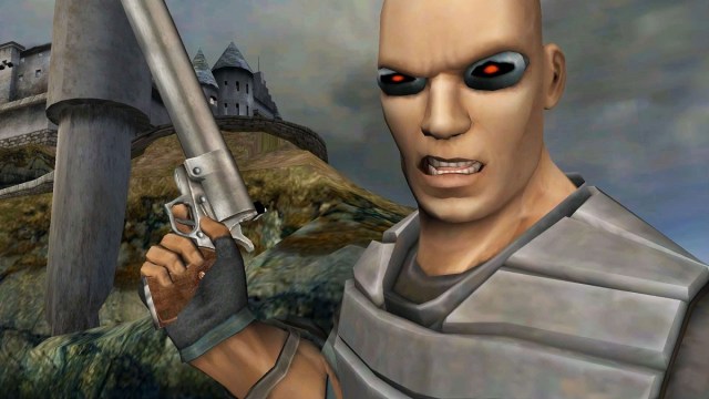 TimeSplitters: a close=up of Sergeant Cortez holding a pistol.