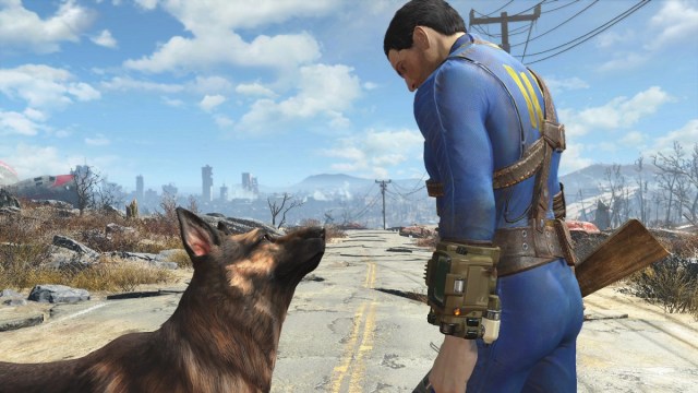 Fallout 4: the Sole Survivor and Dogmeat looking at each other.