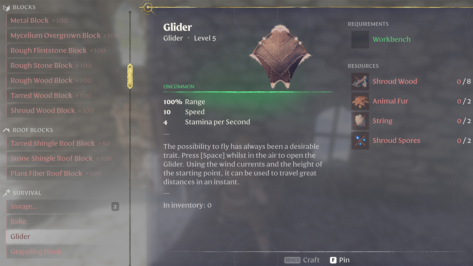 Glider craft requirements as they're outlined in Enshrouded, which include Shroud Wood, Animal Fur, String, and Shroud Spores