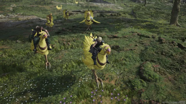 The FF7 Rebirth party as they ride across the open world on Chocobos. 