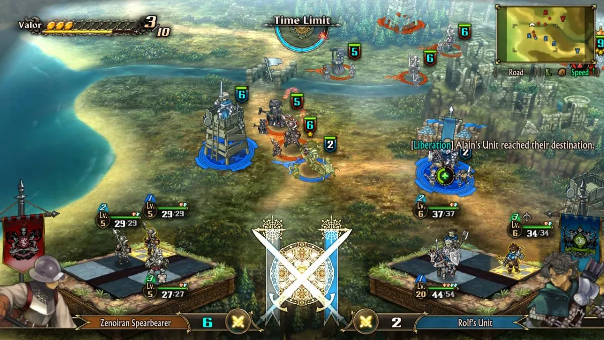 The Unicorn Overlord menu, showing two sections of enemies in battle  and the Time Limit at the top. 