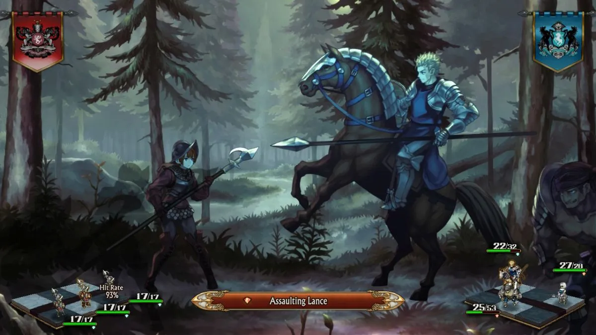 An unmounted knight squares up with another knight on a horse, both are holding a lance. 