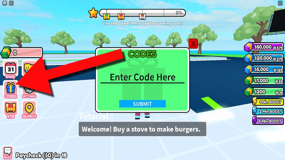 How to redeem codes in Burger Store Tycoon.