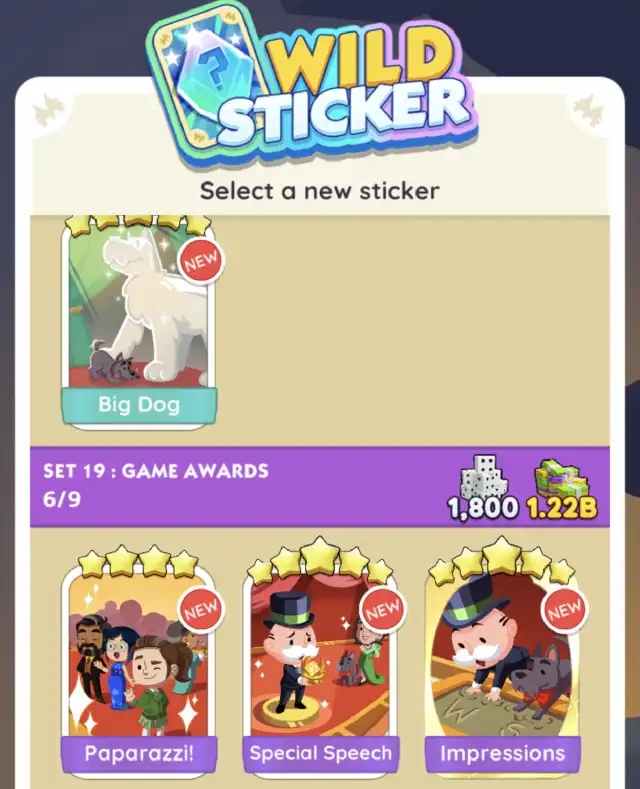 Monopoly GO Wild Sticker selection screen
