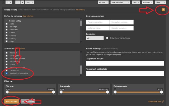 Stardew Valley: screenshot from Nexus Mods showing how to filter for 1.6 compatible mods.
