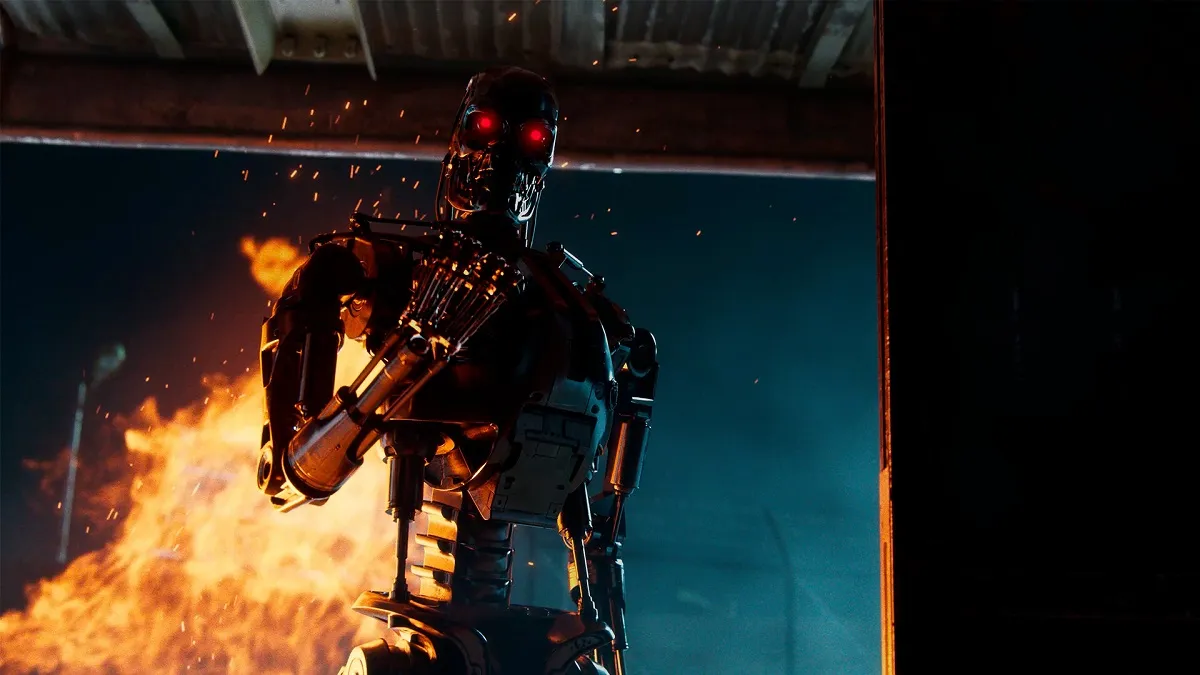 Terminator Survivor: an angry looking Terminator robot with flames behind it.