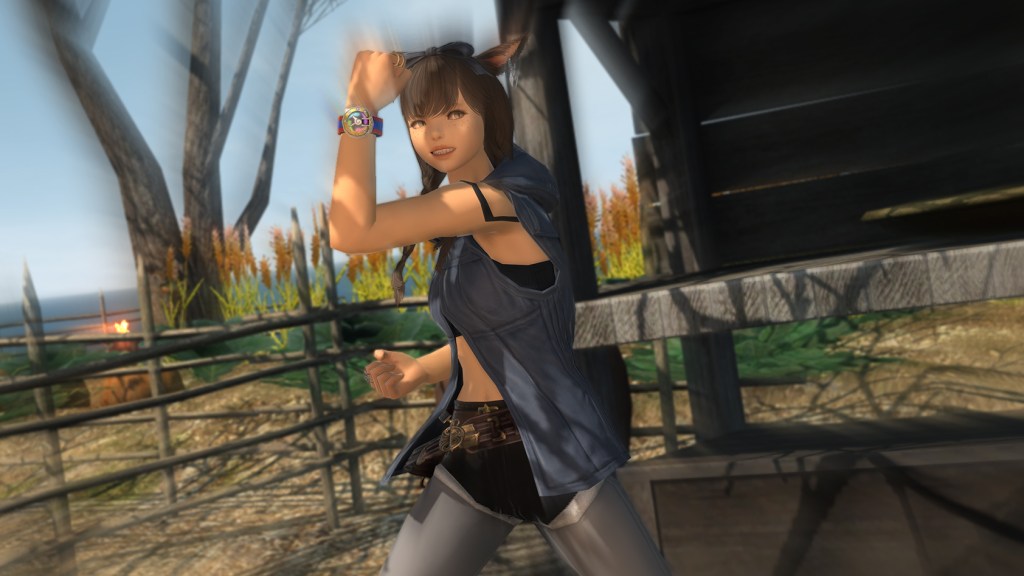 A miqote in FFXIV, wearing the Yo-Kai Watch Collaboration accessory bracelet