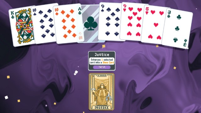 Balatro: a purple desk with a series of playing cards at the top.