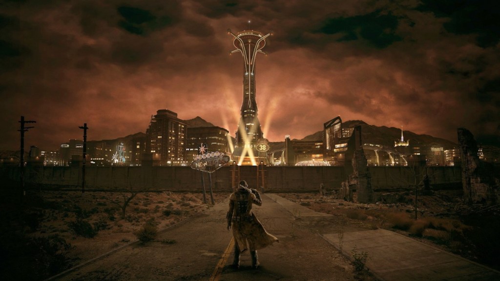 Promotional image of the Courier overlooking the New Vegas Strip in Fallout: New Vegas.