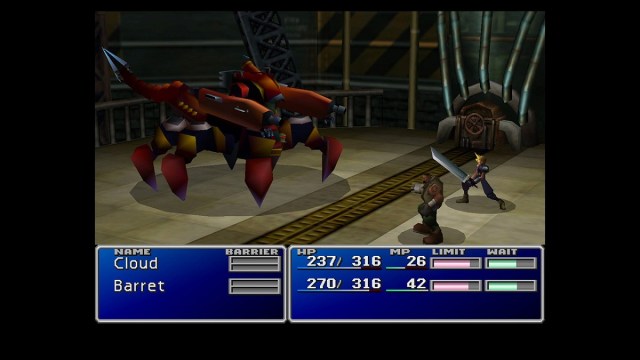 Final Fantasy 7 Cloud and Barret fighting scorpion mech