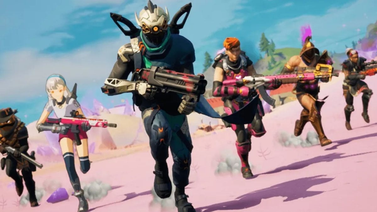 Fortnite characters running towards the camera holding guns.