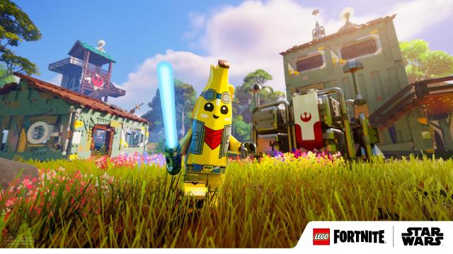 A Peely banana character running around with a blue Lightsaber. There are buildings behind it, with the Rebel logo.