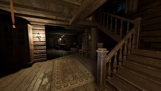 Phasmophobia: image showing the entryway and staircase in Bleasdale Farmhouse.