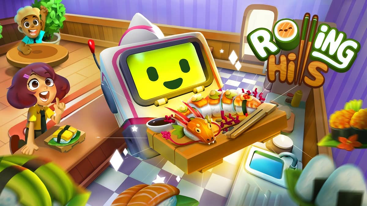 Rolling Hills key art Sushi Bot holding tray of food